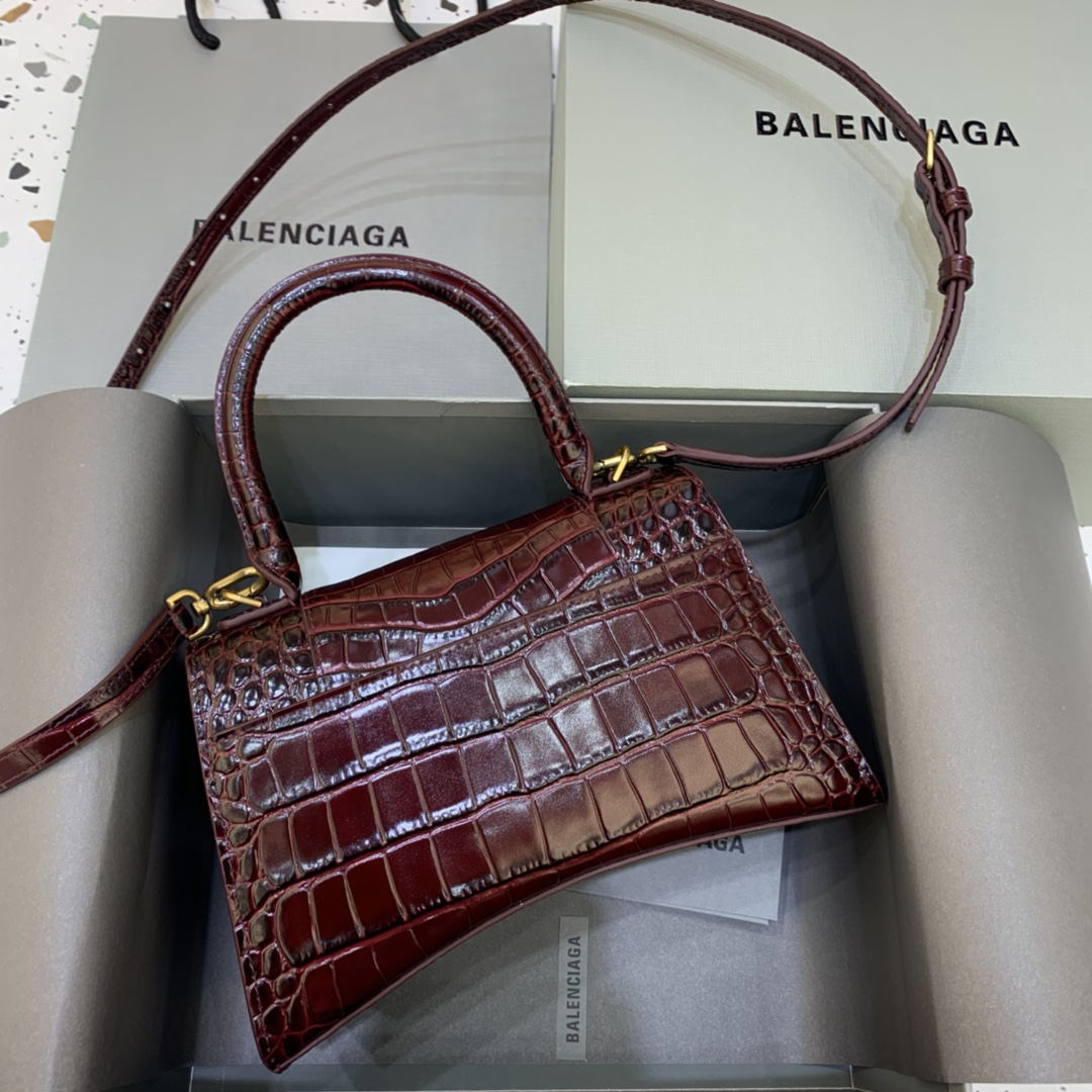 Balenciaga Hourglass Small Handbag Crocodile Embossed Shoulder Bag Dark Brown